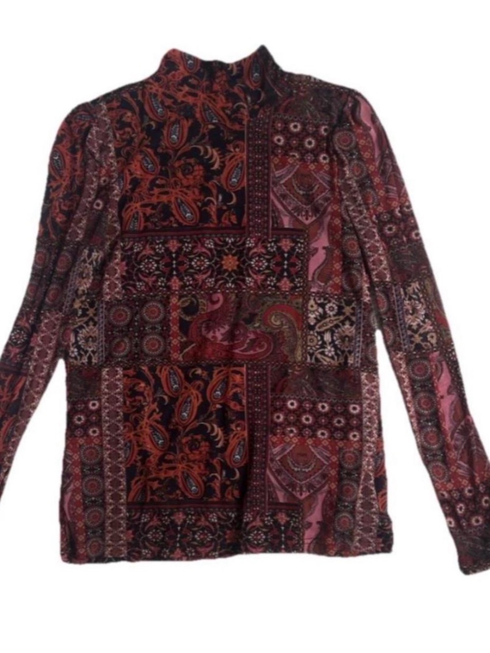 Jane + Delancey Red Paisley Mesh Turtle Neck Blouse
